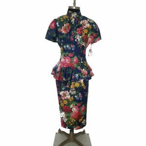 Vtg 80s NOS Cotton Chintz Floral Peplum Dress 4